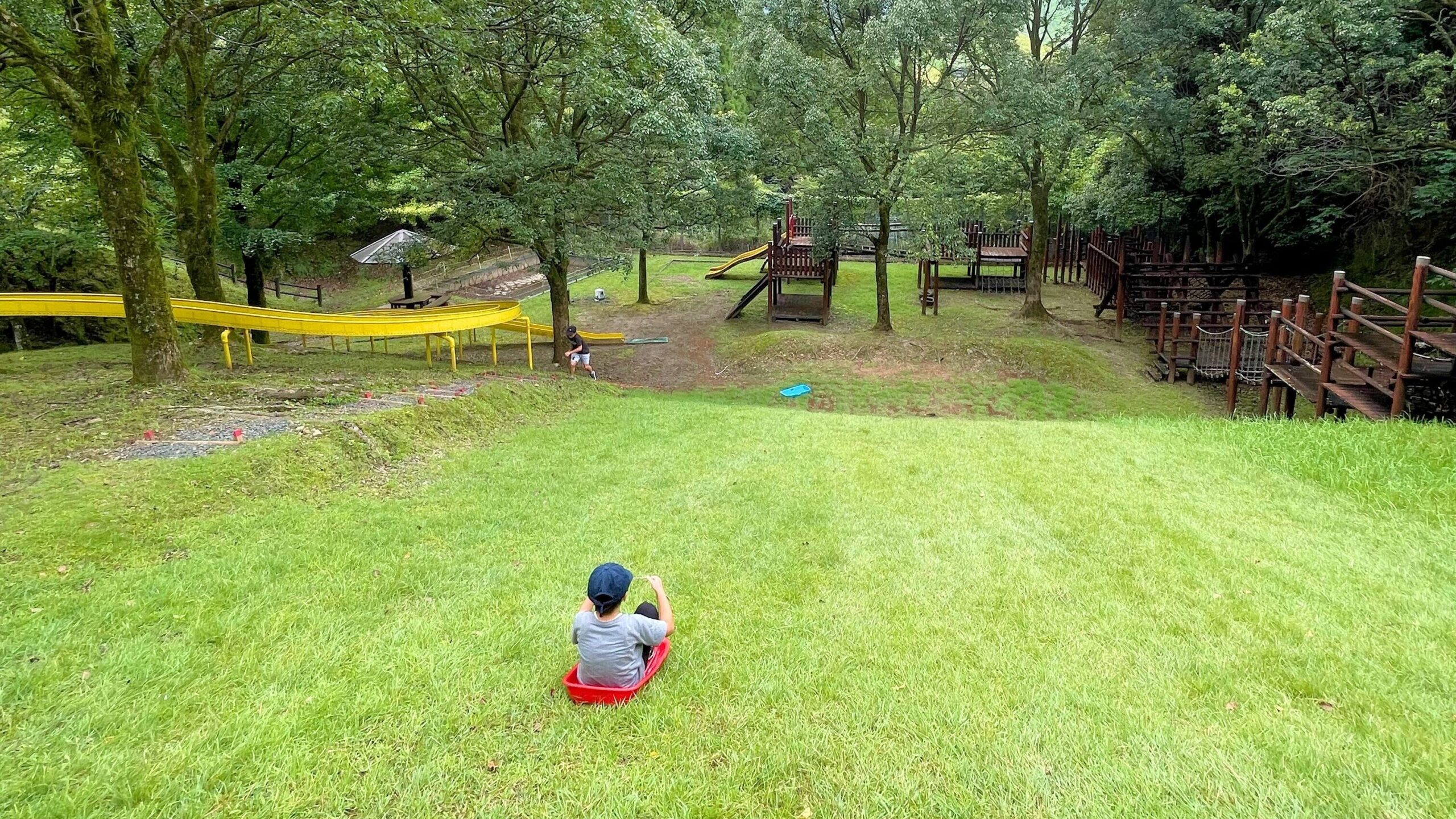 鹿児島県民の森周辺にあるこども広場で草スキーをする子供